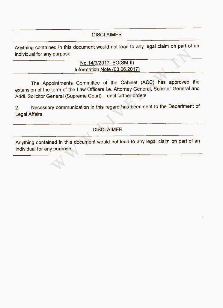 Breaking: Govt. Extends The Term Of AG Mukul Rohatgi, SG Ranjit Kumar And ASGs Breaking: Govt. Extends The Term Of AG Mukul Rohatgi, SG Ranjit Kumar And ASGs