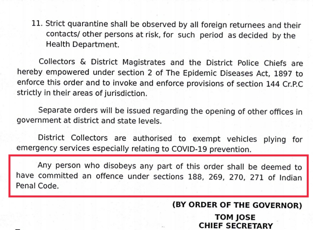 Extract from the lockdown order imposed in Kerala Extract from the lockdown order imposed in Kerala