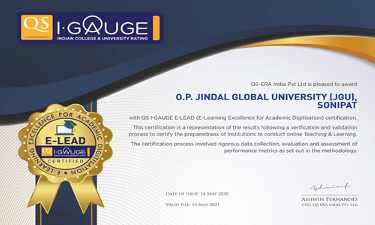 JGU Becomes Indias First University To Receive QS IGAUGE E-LEAD Certification For Excellence In Online Education JGU Becomes Indias First University To Receive QS IGAUGE E-LEAD Certification For Excellence In Online Education