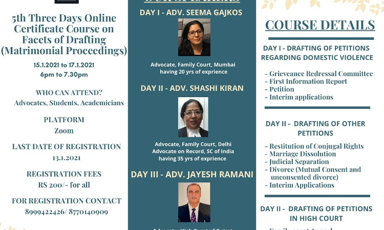 Three Days Online Certificate Course On Facets Of Drafting (Matrimonial Proceedings) By Legal Expatiate Three Days Online Certificate Course On Facets Of Drafting (Matrimonial Proceedings) By Legal Expatiate