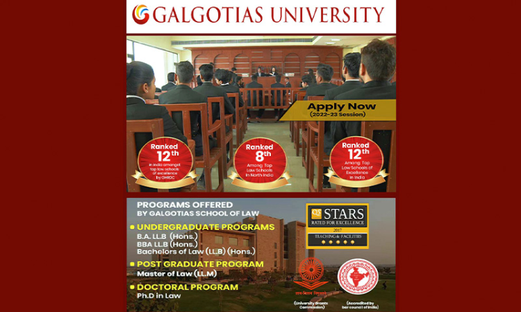 Galgotias School of Law : Provisional Admissions Open For Academic Year 2022-23 For 5-Year B.A./BBA.LL.B. (H), 3-Year LL.B., 1-yYear LL.M. and PhD programmes Galgotias School of Law : Provisional Admissions Open For Academic Year 2022-23 For 5-Year B.A./BBA.LL.B. (H), 3-Year LL.B., 1-yYear LL.M. and PhD programmes