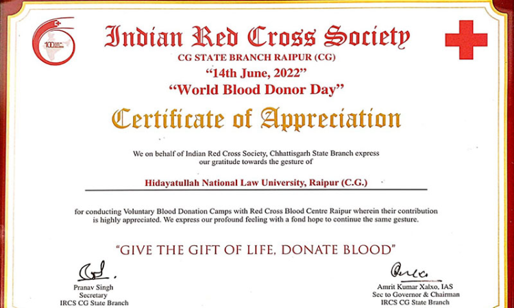 HNLU Receives Certificate Of Appreciation From Honble Governor Of Chhattisgarh On Behalf Of The Indian Red Cross Society HNLU Receives Certificate Of Appreciation From Honble Governor Of Chhattisgarh On Behalf Of The Indian Red Cross Society