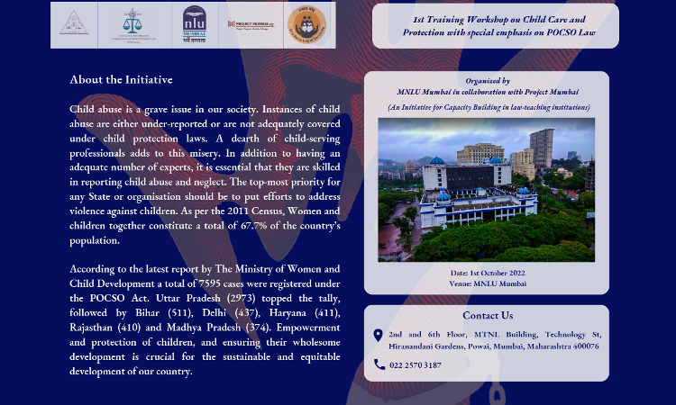 MNLU Mumbai: 1st Training Workshop On Child Care And Protection With Special Emphasis On POCSO Law MNLU Mumbai: 1st Training Workshop On Child Care And Protection With Special Emphasis On POCSO Law