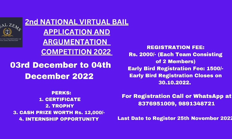 Legal Zems: 2nd National Virtual Bail Application And Argumentation Competition 2022 (03rd & 04th December 2022) Legal Zems: 2nd National Virtual Bail Application And Argumentation Competition 2022 (03rd & 04th December 2022)