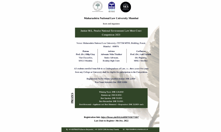 MNLU Mumbai: 1st Edition Of The Justice M.L. Pendse National Environmental Law Moot Court Competition 2023 MNLU Mumbai: 1st Edition Of The Justice M.L. Pendse National Environmental Law Moot Court Competition 2023