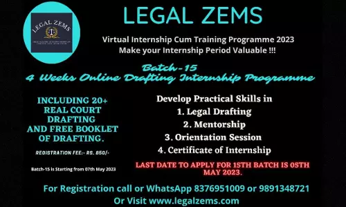 Legal Zems: 15th Batch Onine Internship Programme 2023 (07th May 2023 to 07th June 2023) Legal Zems: 15th Batch Onine Internship Programme 2023 (07th May 2023 to 07th June 2023)