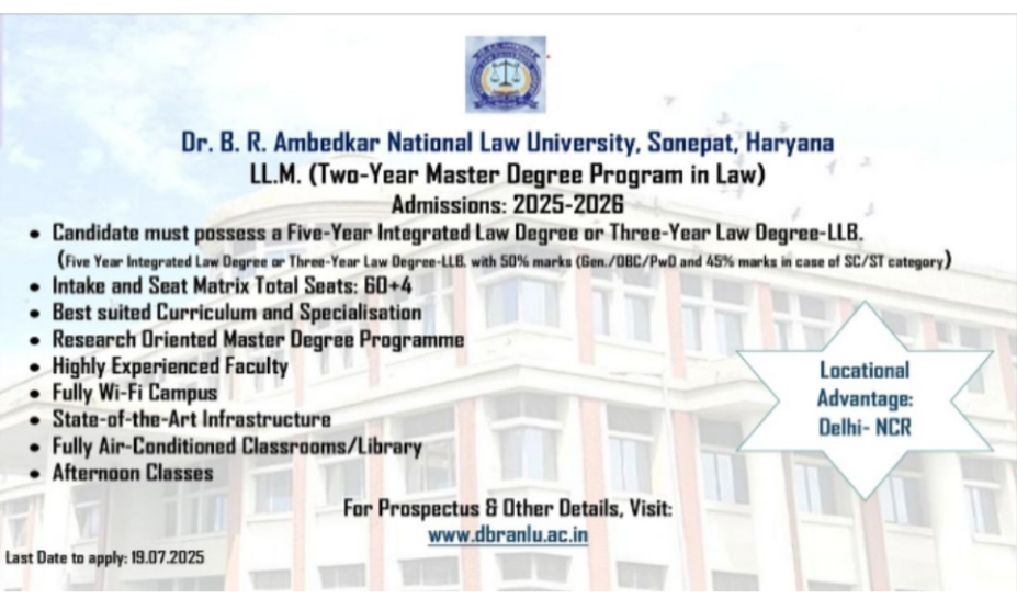 Dr. B. R. Ambedkar National Law University: Admission To LL.M. (2 Years Master Degree Programme) [Apply By19th July]